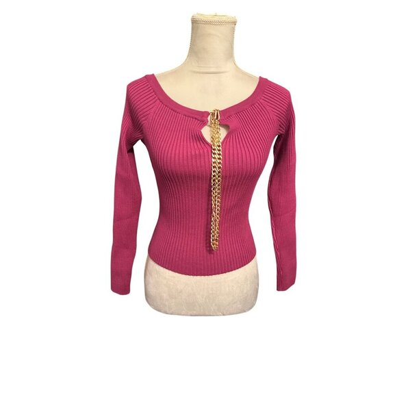ASTR The Label Philippa Chain Strap Stretchy Sweater Fuchsia Ribbed Chain Sz M - Picture 11 of 14